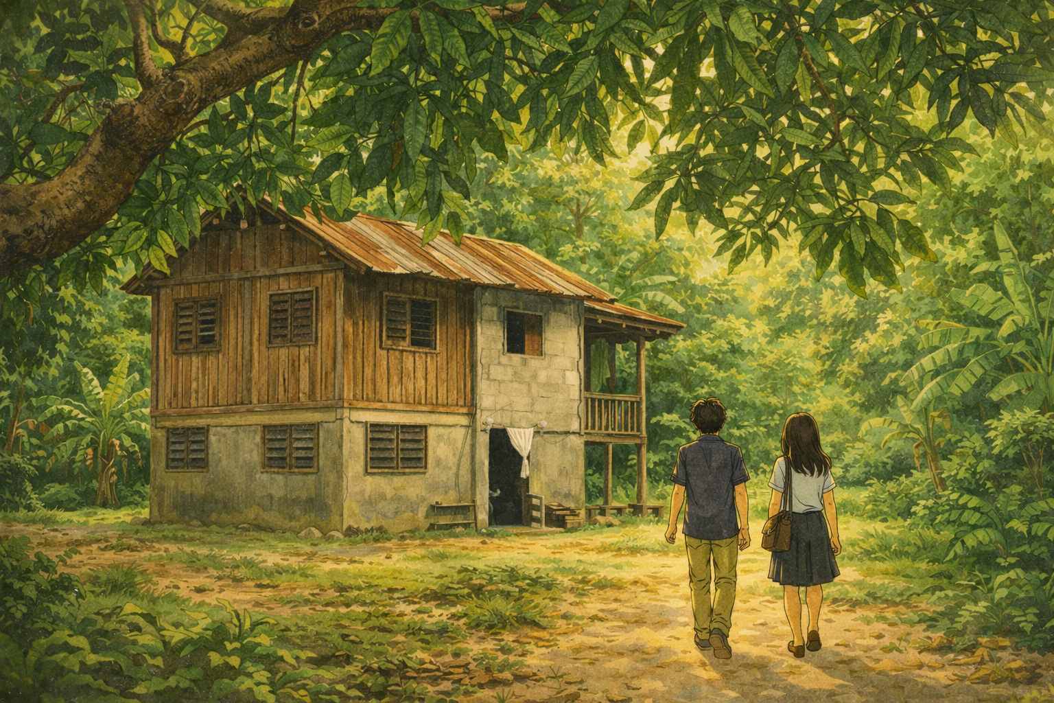 Wide scene — Kampung Mandawang, a sabahan jungle village. An old house on stilts surrounded by greenery, a lemon tree and mango tree. Two figures walk toward it.